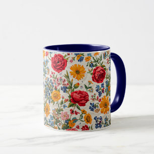 Blommor överallt, färgrik design, mugg