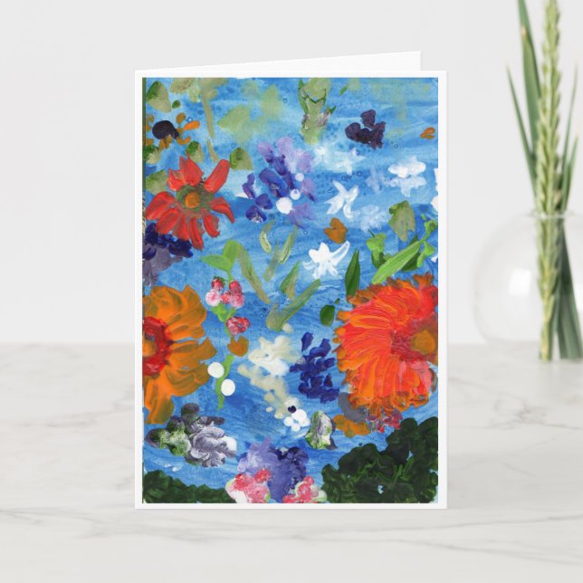 Blommor på blåttbakgrund noterar kortet kort (Framsida)