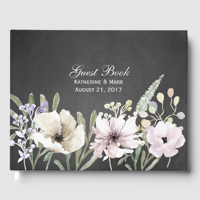 Blommor på Chalkboard Bröllop Guest Bok (Framsida)