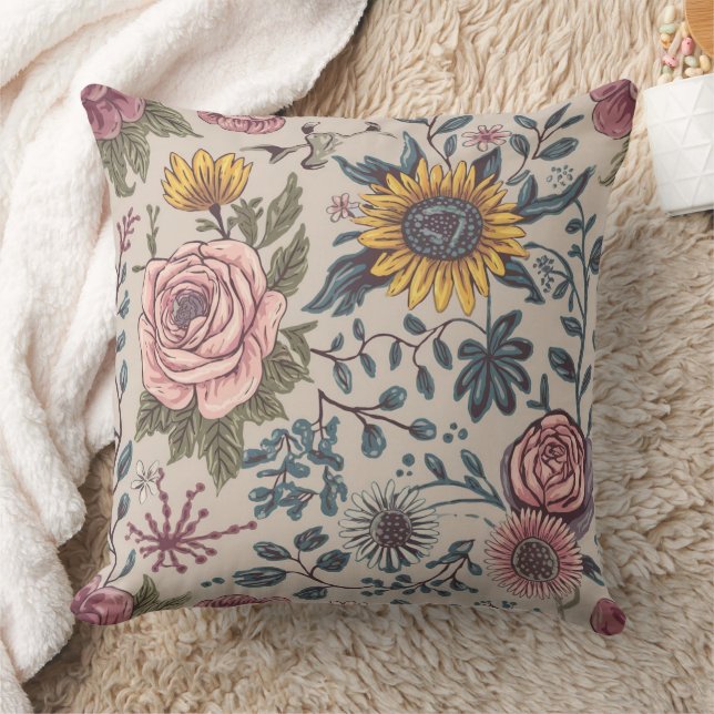 Blommor på en beige bakgrund kudde (Filt)