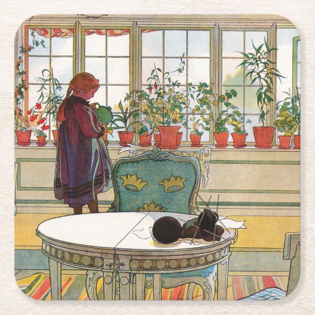 Blommor på fönsterbrädan av Carl Larsson Underlägg Papper Kvadrat (Framsidan)