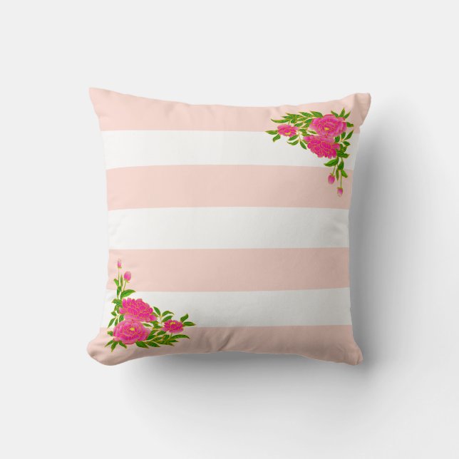 Blommor på ljus rosa och vit rand kudde (Framsida)
