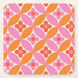 Blommor på mitten av seklets rosa orange cirklar Underlägg Papper Kvadrat