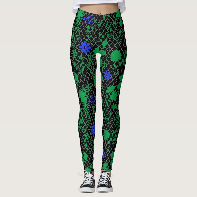 Blommor på nettogrönt.01.b FNG01A.Black BG Leggings (Framsida)