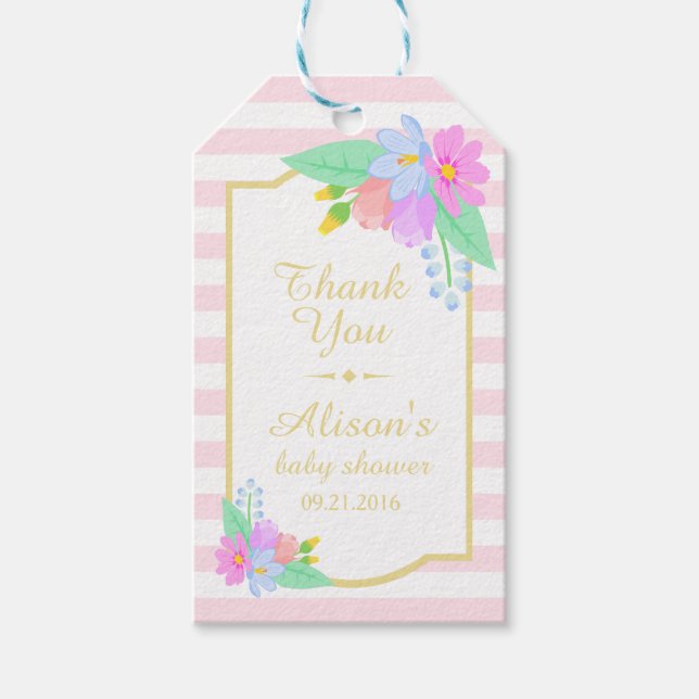 Blommor på Rosa Baby Shower Tack Gift Märkre Presentetikett (Framsidan)
