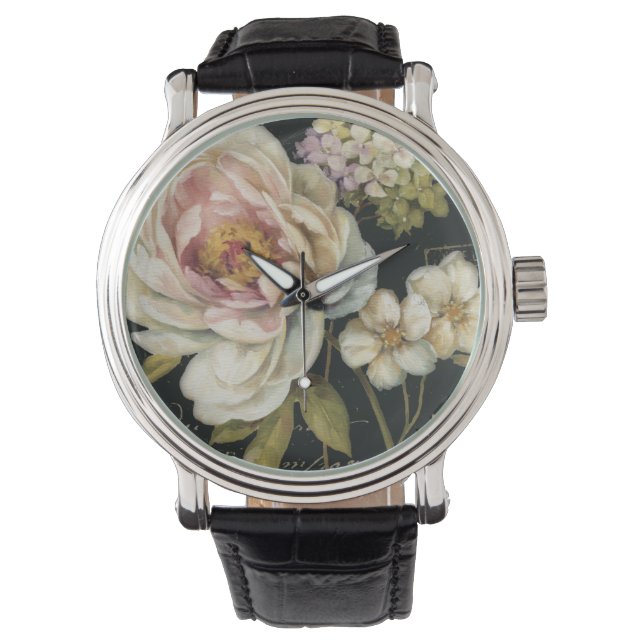 Blommor på svart armbandsur (Framsida)