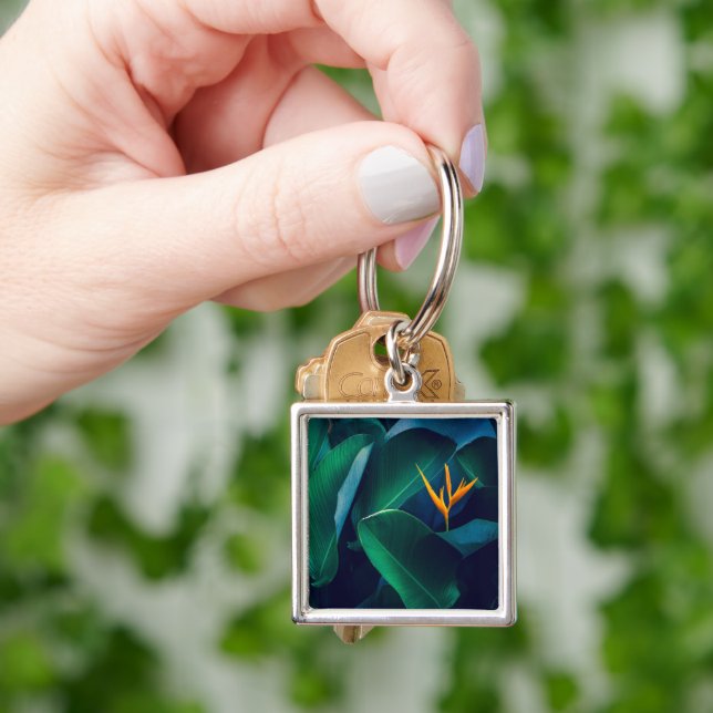 Blommor | Paradise-fågeln Fyrkantig Silverfärgad Nyckelring (Hand)