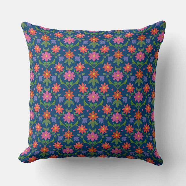 Blommor, Polka dots på djupblått ljus eller dyna Kudde (Framsida)