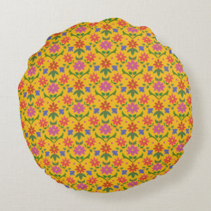 Blommor, Polka dots på Gult Round Dekorativ kudde
