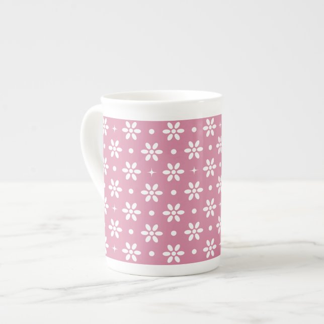 Blommor, prickar och gnistor-Magenta Benporslin Mugg (Framsida vänster)