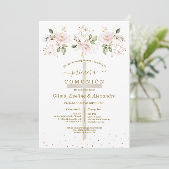Blommor Primera Comunión Tripletter Helig Kommunio Inbjudningar (Stående Fram)