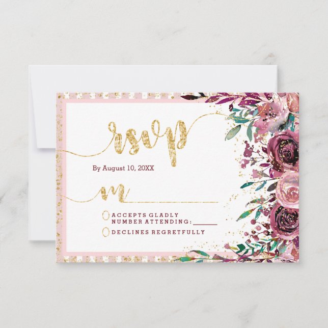  blommor Rand & Guld Bröllop OSA-svar OSA Kort (Framsida)