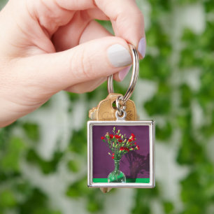 Blommor   Red Carantion Bouquet Fyrkantig Silverfärgad Nyckelring