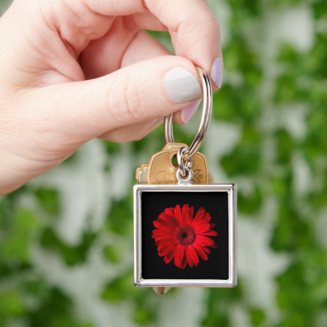Blommor | Red Gerbera Daisy Fyrkantig Silverfärgad Nyckelring (Hand)