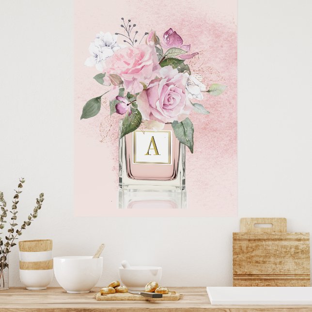 Blommor Ro Elegant Parfym Flaska Monogram Poster (Kök)
