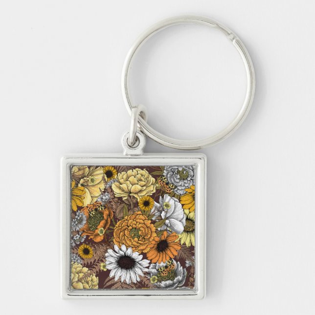 Blommor-, ro, ponnyer, daisy, fauna fyrkantig silverfärgad nyckelring (Framsidan)