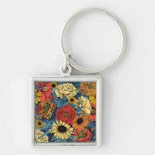 Blommor-, ro, ponnyer, daisy, fauna fyrkantig silverfärgad nyckelring