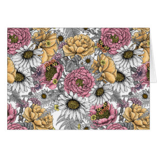 Blommor-, ro, ponnyer, daisy, fauna hälsningskort