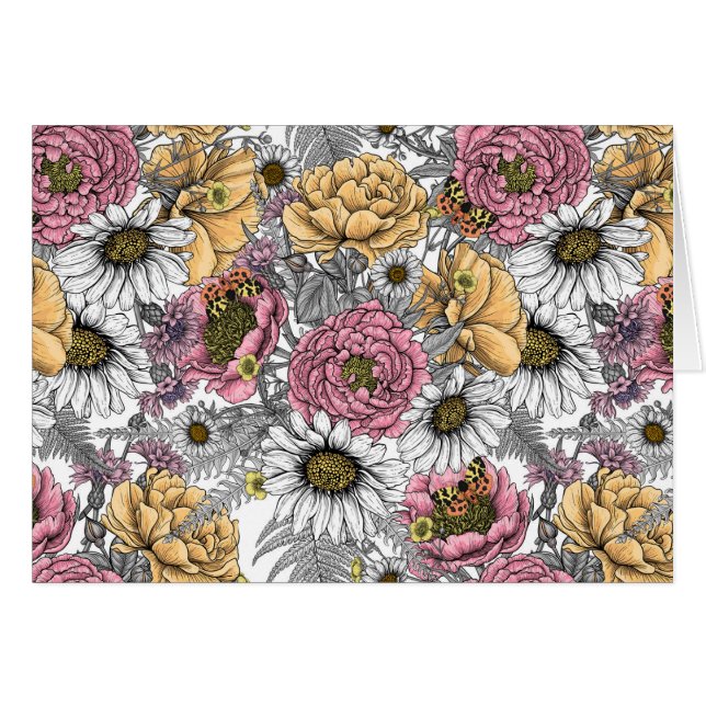 Blommor-, ro, ponnyer, daisy, fauna hälsningskort (Framsidan Horizontal)