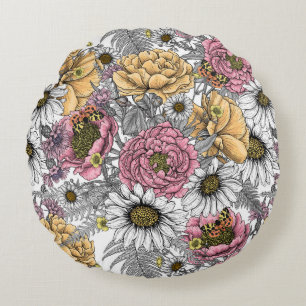 Blommor-, ro, ponnyer, daisy, fauna rund kudde