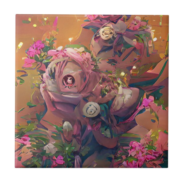 Blommor ro rosa orange grönt digital art kakelplatta (Framsidan)
