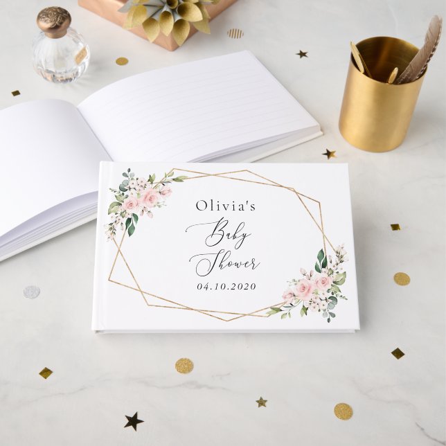  blommor, Rosa Flowers, Boho, Baby Shower Gästböcker (Framsida öppen)