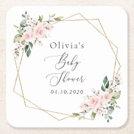  blommor, Rosa Flowers, Boho, Baby Shower Underlägg Papper Kvadrat