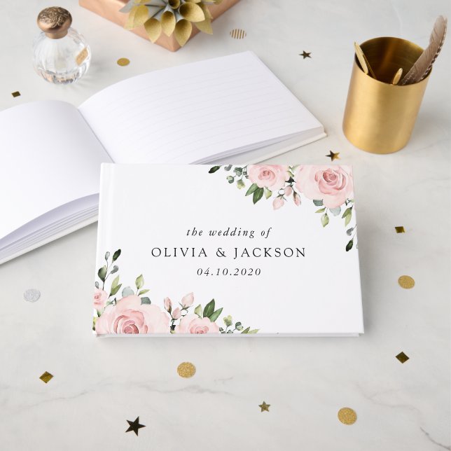  blommor, Rosa Flowers, Greenery, Bröllop Gästböcker (Framsida öppen)