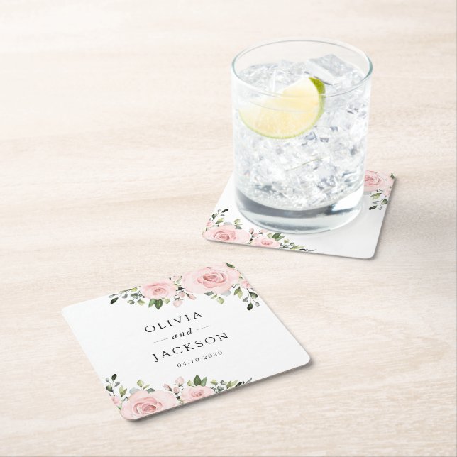  blommor, Rosa Flowers, Greenery, Bröllop Underlägg Papper Kvadrat (Insitu)