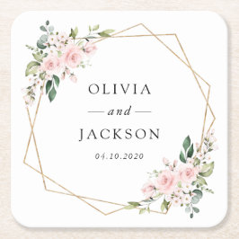 blommor, Rosa Flowers, Greenery, Bröllop Underlägg Papper Kvadrat
