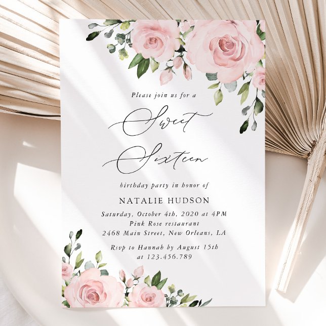  blommor, Rosa Flowers, Greenery, Sweet 16 Inbjudningar (Skapare uppladdad)