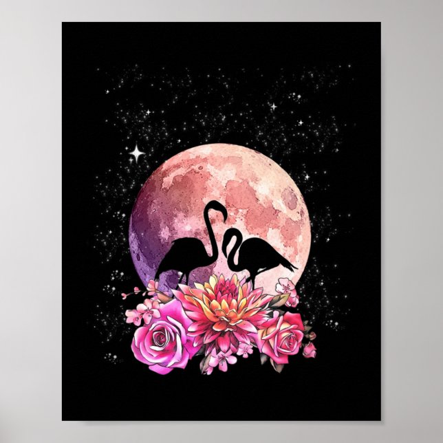 Blommor Rosa Måne och Flamingo Kärlek Poster (Framsidan)