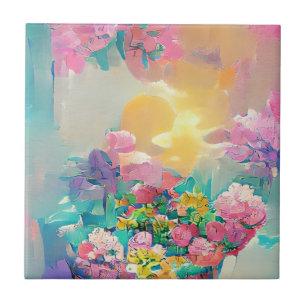 Blommor - rosa och gult - digital konst kakelplatta