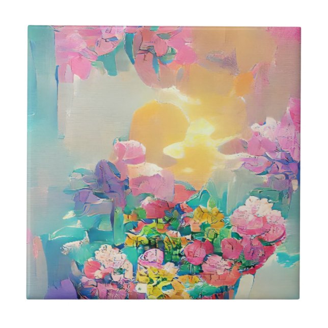 Blommor - rosa och gult - digital konst kakelplatta (Framsidan)