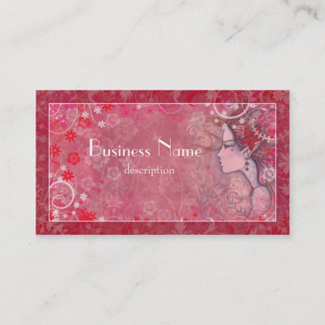 Blommor Rosa Red and White med Illustrated Woman Visitkort (Framsida)