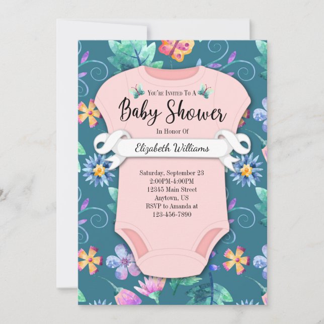 Blommor Rosa Teal Blue Blommigt Baby Shower Inbjudningar (Framsida)