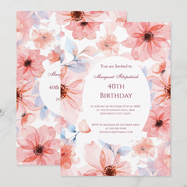 Blommor Rosa, valfri Födelsedagsfest Inbjudningar (Fram/baksida)