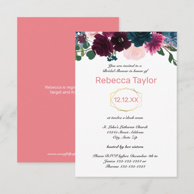 Blommor Rosa Vertikal - 3x5 Bröllopsdusch Inbjudningar (Fram/baksida)
