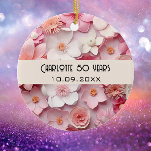 Blommor, rosa, vit födelsedag namn julgransprydnad keramik