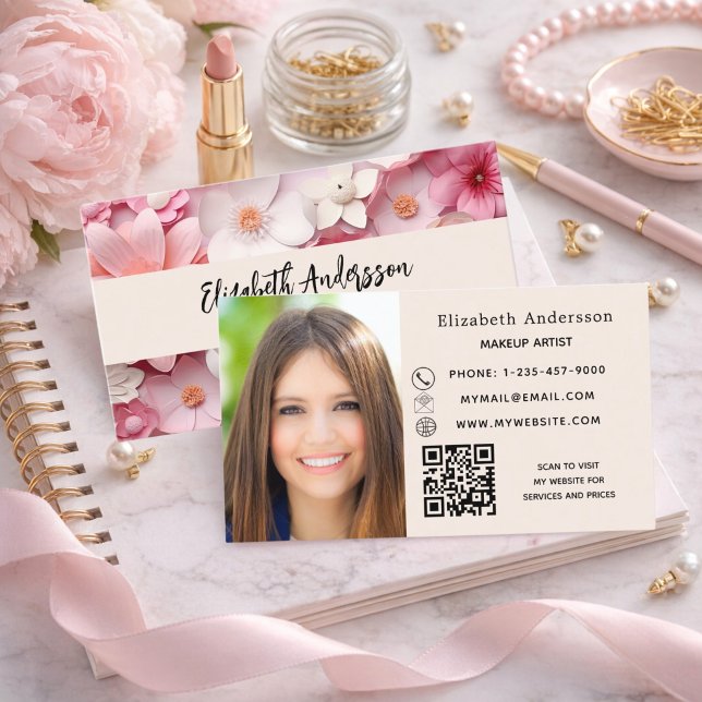 Blommor rosa vit foto QR logotyp Visitkort (Skapare uppladdad)