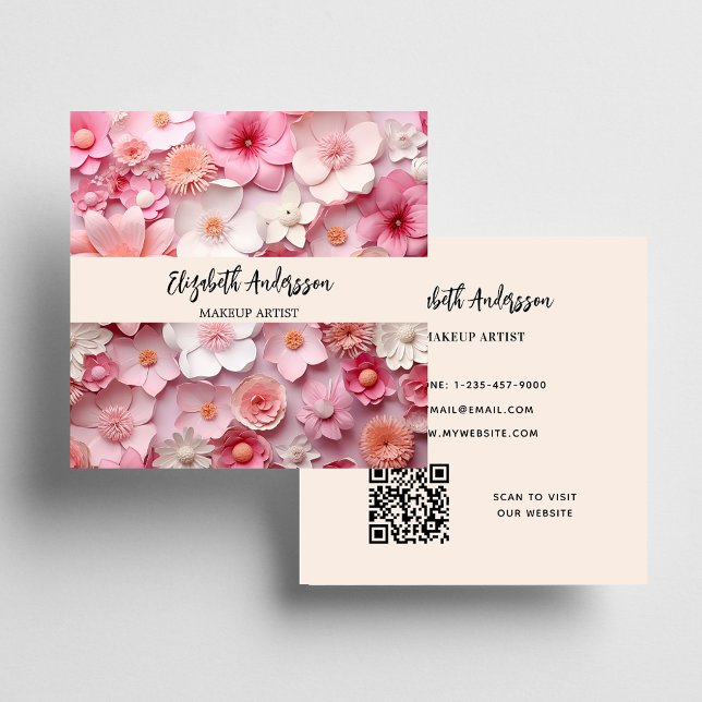 Blommor, rosa, vit kräm, logotyp QR Fyrkantigt Visitkort (Skapare uppladdad)
