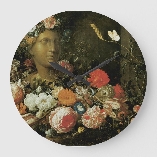 Blommor runt en klassisk skorpa stor klocka (Framsida)