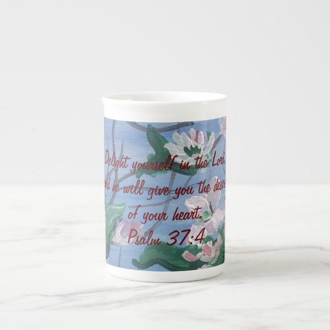 Blommor/Skrift Psalm 37:4 Benporslin Mugg (Framsidan)