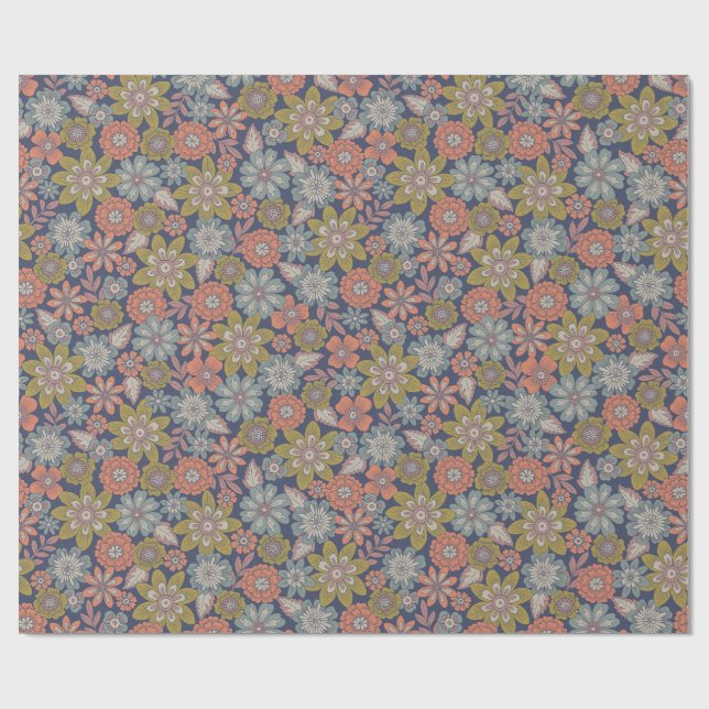 Blommor slår ut och blommar i korall, blå och grön presentpapper (Platt)