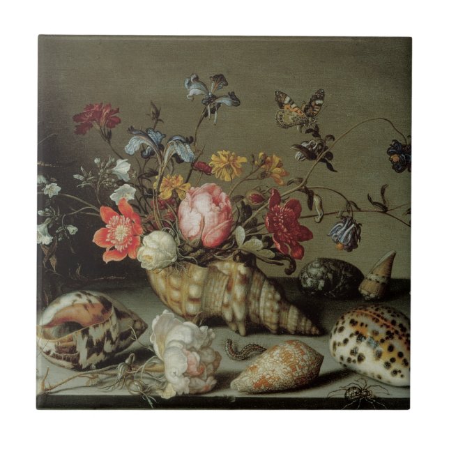 Blommor, Snäckor och Insektra Balthasar van der As Kakelplatta (Framsidan)