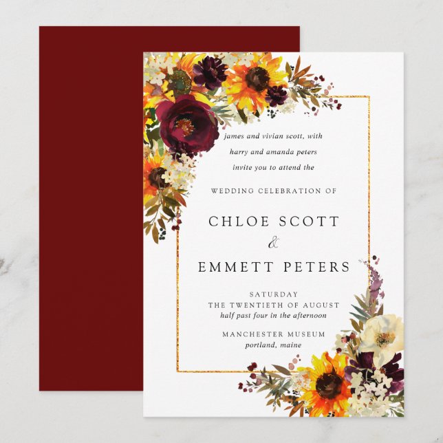 Blommor Solros Ro Rustic Bröllop Inbjudningar (Fram/baksida)