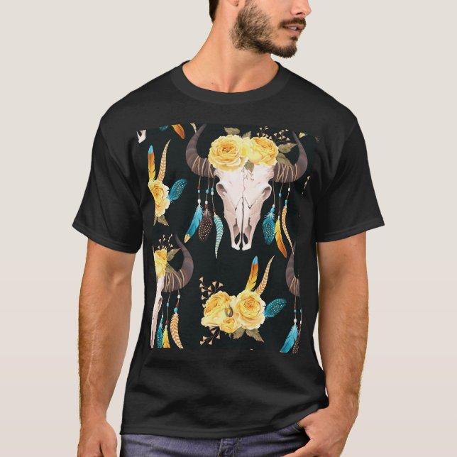 Blommor som dekorerats Buffalo Skull, sömlös T Shirt (Framsida)
