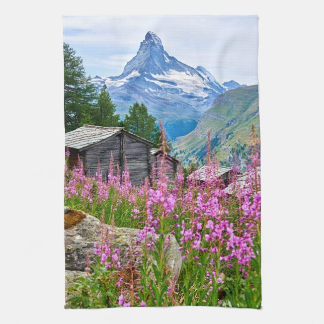 Blommor | Sommar Matterhorn Schweiz Kökshandduk (Vertikal)