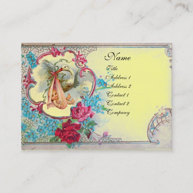 BLOMMOR STORK BABYFÖDSEL MED ROSOR MONOGRAM VISITKORT (Framsida)