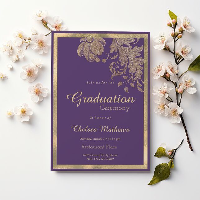 Blommor Studenten i lila guld snöre glitter Inbjudningar (Classy purple gold glitter lace flowers Graduation )